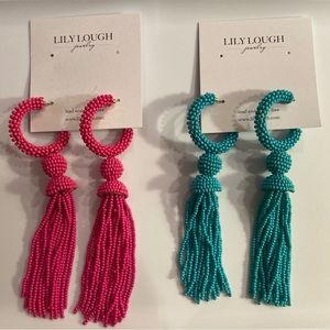 NWT *LILY LOUGH* Beaded Tassel Earrings … *FUCHSIA•TEAL* … Clip Post•Set of 2